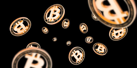 Bitcoin exchange. Gold Falling coins on black. Litecoin, Ethereum Cryptocurrency background.