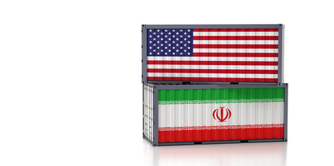 Obraz premium Freight container with USA and Iran national flag. 3D Rendering