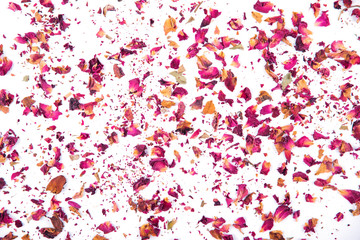 Fototapeta na wymiar Background made of dried red rose petals isolated on white.