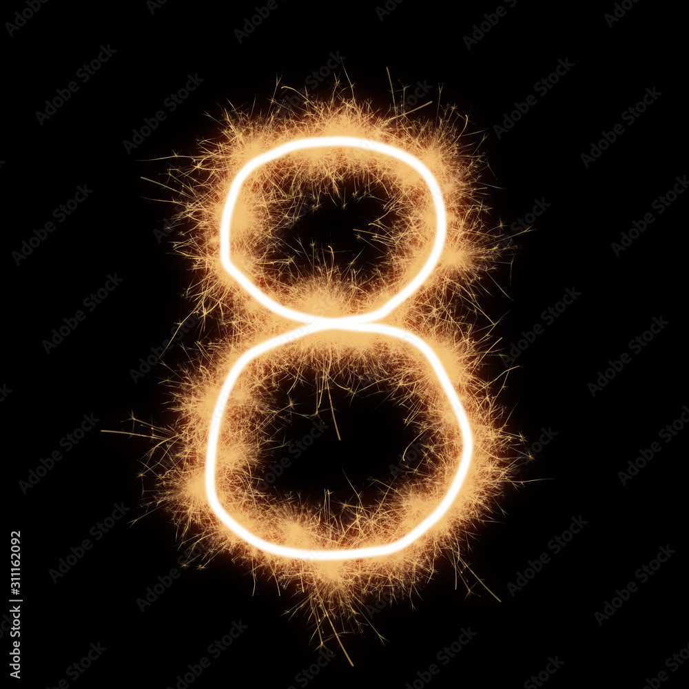 Fototapete symbol of number eight made with sparks on a black background..