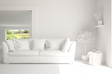 Mock up of stylish room in white color with sofa. Scandinavian interior design. 3D illustration