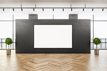 Contemporary gray gallery interior with blank billboard