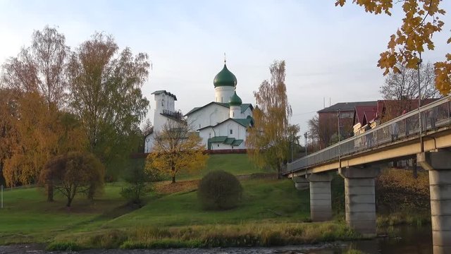 View of the old Church of the Epiphany in Brody, October evening. Pskov, Russia