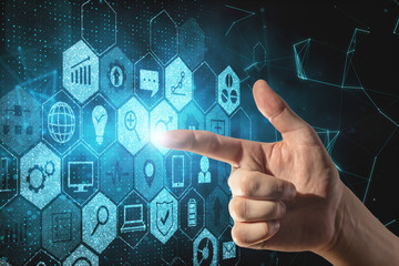 Hand touching global business interface