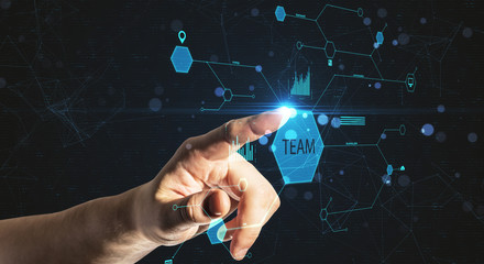 Hand pointing glowing business analytics diagram