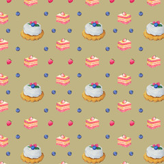 beige seamless pattern with cakes and berries