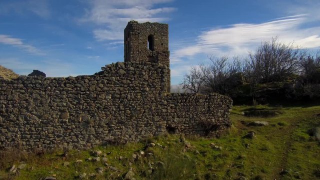 Flight over a medieval castle ruins near Castillo de Bayuela - Toledo - Spain