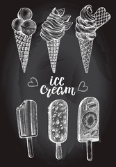 Ink hand drawn set of different types of ice cream. Popsicle on a stick. Food elements collection for menu or signboard design with brush calligraphy style lettering. Vector illustration.