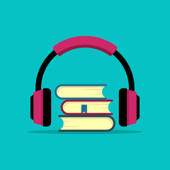 Concept of audio book. Book with headphones. modern design illustration - obrazy, fototapety, plakaty