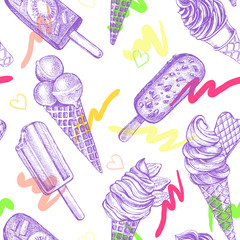 Decorative seamless pattern with Ink hand drawn different types of ice cream and Popsicle on a stick. Food elements texture for your design. Vector illustration.