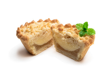 Mini apple and pear custard crumble tart isolated on white