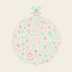 Christmas ball made of festive icons. Xmas decoration. Vector