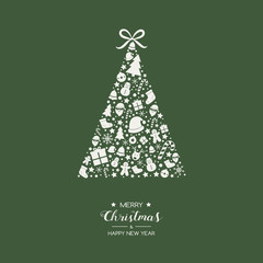 Christmas greeting card with festive tree and wishes. Vector