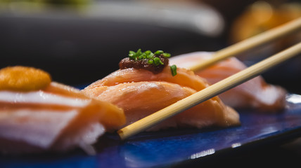 Salmon belly sushi set.