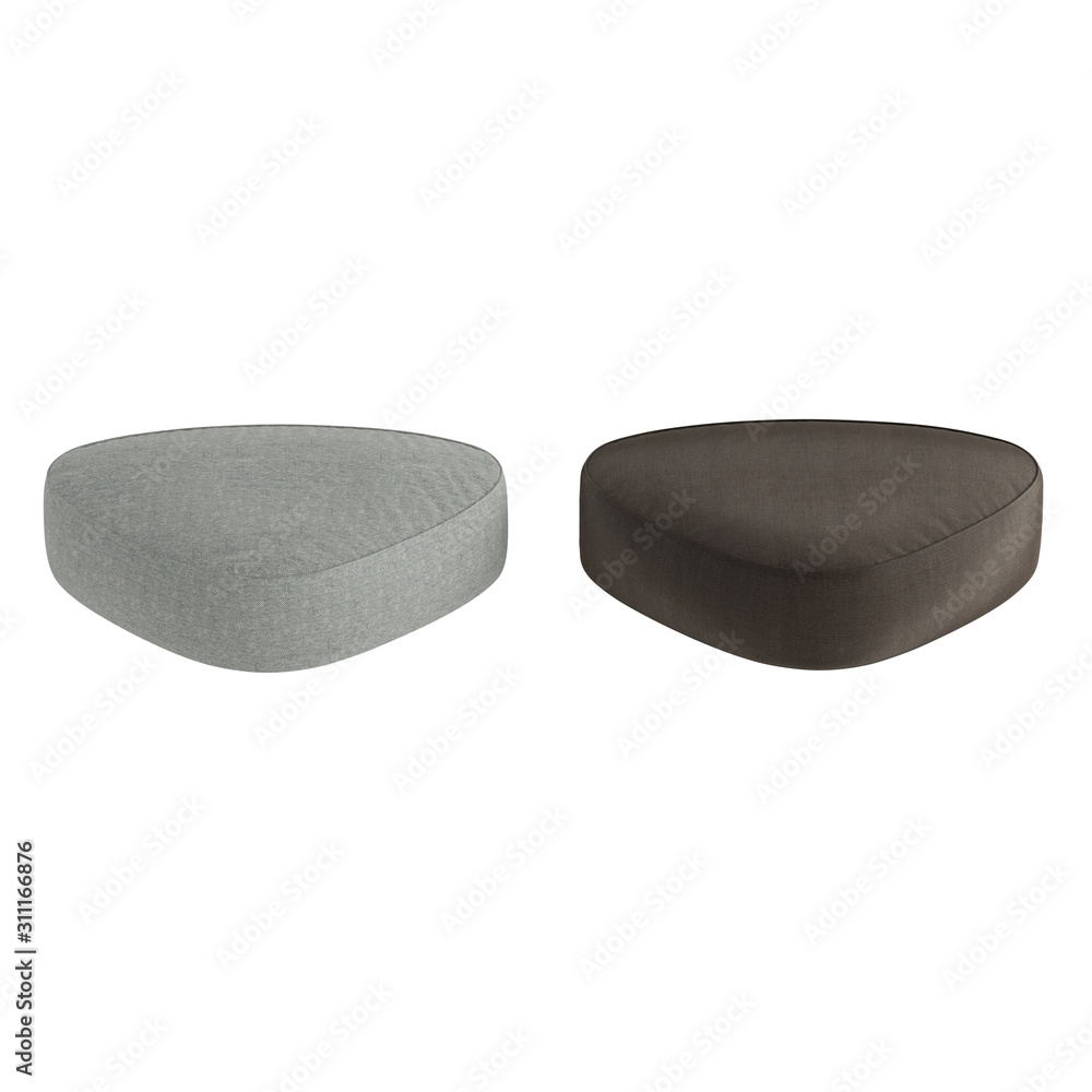 Poster two triangular tissue soft poufs on a white background. 3d rendering