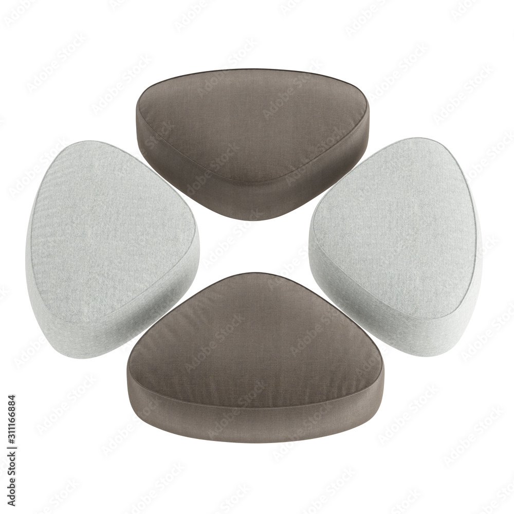 Poster four soft triangular tissue poufs on a white background. 3d rendering