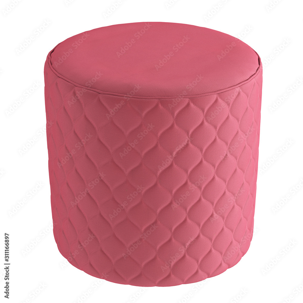 Poster pink round soft pouf with a relief rombus pattern on a white background. 3d rendering