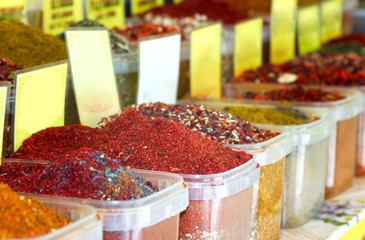 different oriental spices in the bazaar are sold close-up