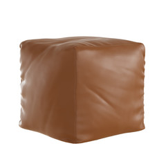 Square leather brown pouf with folds on a white background. 3d rendering