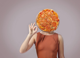 Woman with a pizza for a head showing OK sign.