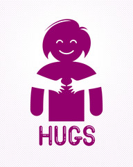 Beloved woman with care hands of a lover or friend hugging her around from behind, vector icon logo or illustration in simplistic symbolic style.