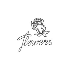 Flowers word and rose emblem or logo design, continuous line drawing, neon, banner, poster, flyers, marketing, card, print, t-shirt, one single line on white background, isolated vector illustration.