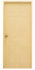 Obraz premium Real yellow wood door isolated on white background, interior residental close wooden doorframe for design