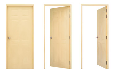 Real yellow wood door isolated on white background in difference stage of opening, interior residental entrance open wooden doorframe set for design
