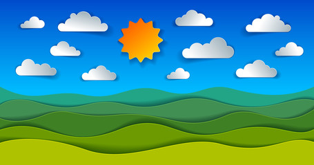 Fototapeta premium Scenic nature landscape of green grass meadow and clouds in the sky cartoon paper cut modern style vector illustration.