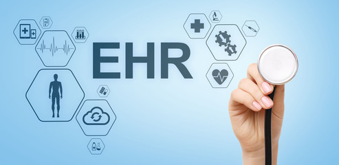 EHR Electronic Health record EMR Medical automation system Medicine Internet concept. Doctor with stethoscope.