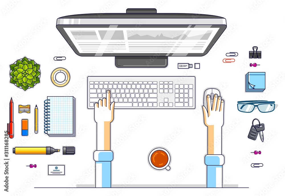 Fototapete office worker or entrepreneur working on a pc computer, top view of workspace desk with human hands 