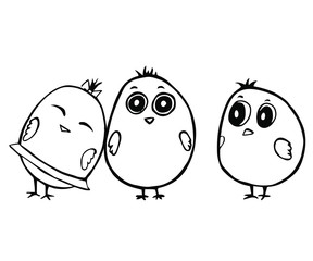 Funny doodle chickens. Hand drawn vector stock illustration of cute little three chickens isolated on white background. Clip art. Cartoon. Easter concept. Outline. Horizontal. Flat design. Trendy