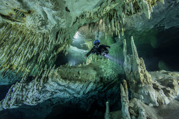 A cave diver swims in the Hulo cenote (Mexico), illuminated by the AMG's underwater light. Karst cave, formed stalactites and stalagmites are visible.