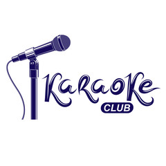 Karaoke club lettering, nightclub party invitation vector emblem created using stage microphone audio equipment.