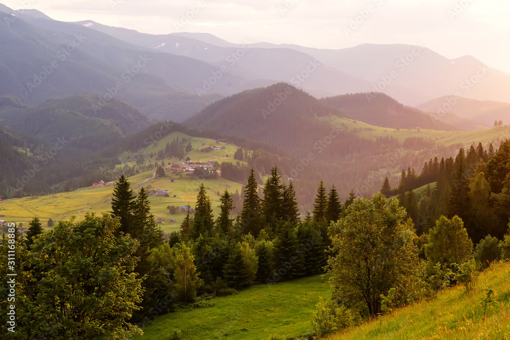 Sticker Beautiful sunset in Carpathian mountains