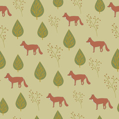 Vector Brown Fox and Green Red Plants on Green Background Seamless Repeat Pattern. Background for textiles, cards, manufacturing, wallpapers, print, gift wrap and scrapbooking.