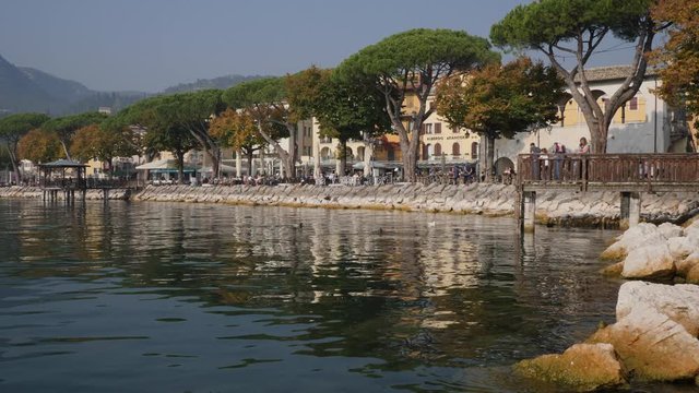 Wooden Pier on Garda Lake, Italy. Panoramic Walkthrough.