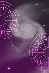 Illustration of astrology themes. Twelve signs of the zodiac on bright abstract background, space for text
