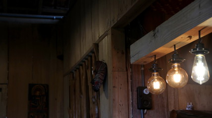 Decor of antique edison backlights against a background of wooden buildings