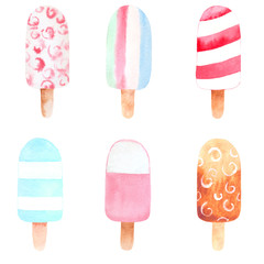 Watercolor set of multi-colored popsicle ice cream on a stick. Perfect in the design of postcards, web sites, scrapbooking, textiles and other creative ideas.