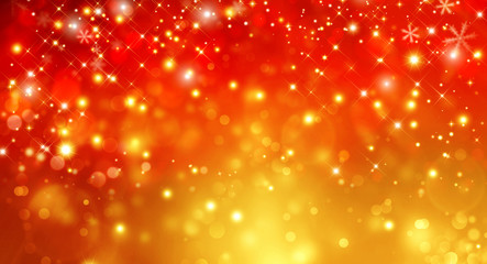 Golden glitter background with stars. Merry Christmas and happy New Year greeting card