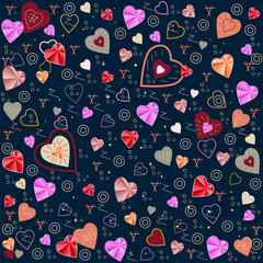 Pink and red hearts and other decor elements on dark blue background, seamless pattern, vector