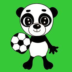 emoticon with a cool cartoon panda soccer that stands on a green field and holds a football ball in his hand, color vector illustration