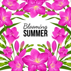 Festive banner with blooming pink freesias in vector