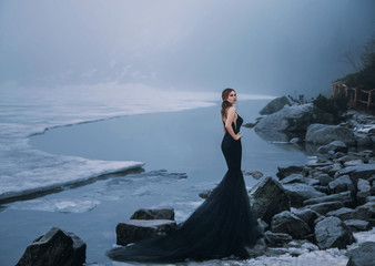 Gothic sexy woman vamp. tourist poses in creative long dress train on shore of frozen picturesque Lake Morskie Oko in Carpathian Mountains Tatras Poland. Blue ice melts cold fog bad weather. Rear view