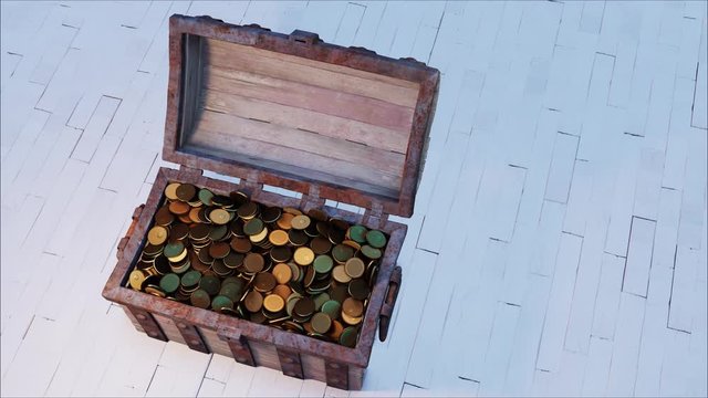 Chest of old Wood and rusty metal full of Gold Coins put on an old floor which opening
