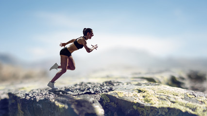 Sportswoman run race. Mixed media