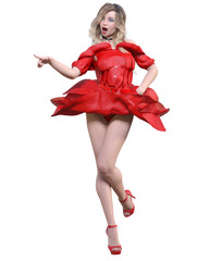 Beautiful blonde woman in light summer waving dress.