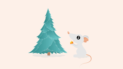 Little white rat with a christmas ball and a christmas tree vector illustration