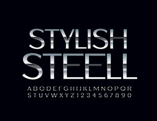 Vector Stylish Steel Font. Set of Silver Alphabet Letters and Numbers.